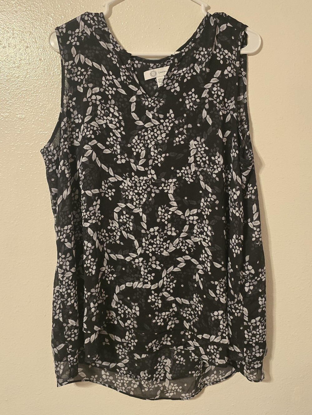 Cristina B John Paul Richard Black White Floral Sleeveless Tunic Blouse L